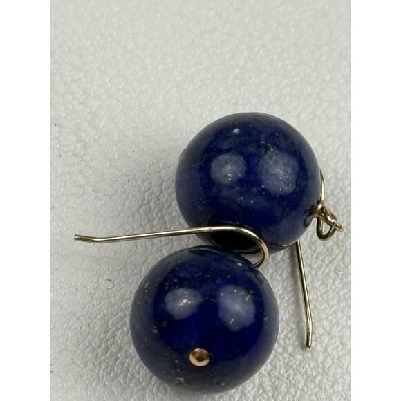 CU 14K Yellow Gold Hook Pierced Earrings Lapis Lazuli Round Drop Stone - Picture 7 of 10